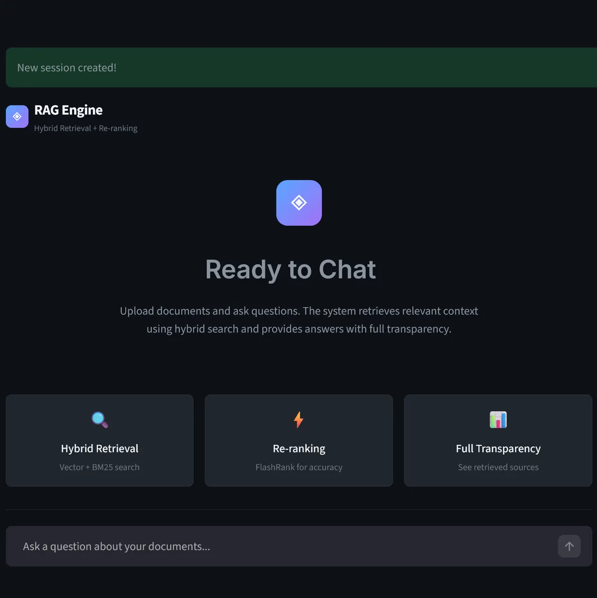 Hybrid RAG chatbot interface: hybrid retrieval, FlashRank re-ranking, and visible sources.