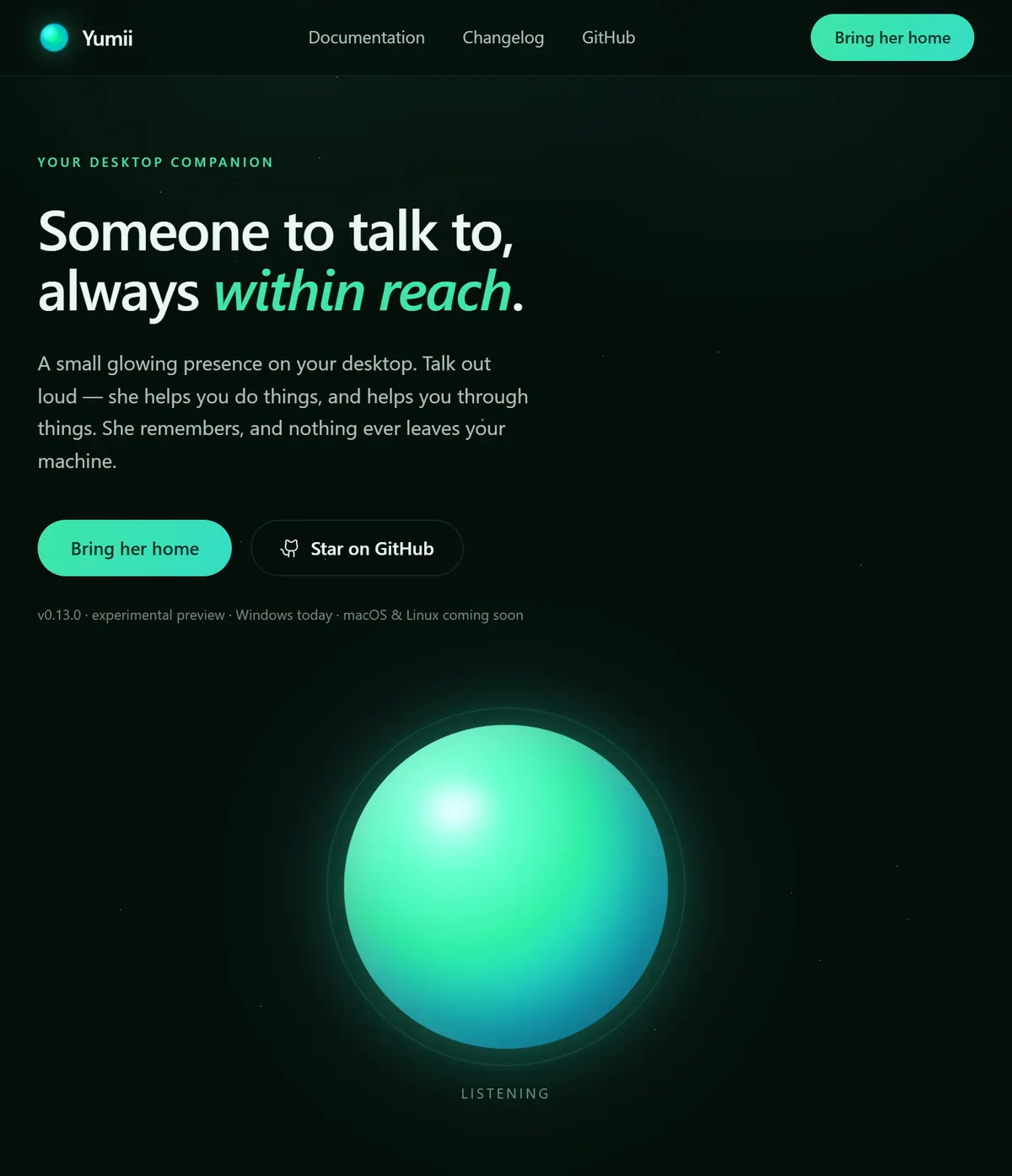 Yumii website: a glowing orb companion with the line “Someone to talk to, always within reach.”